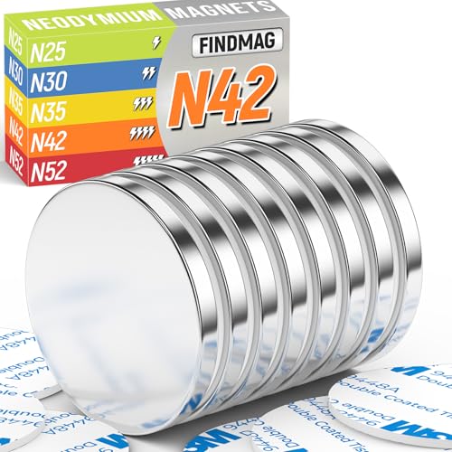FINDMAG 8 Pack N42 Grade Disc Magnets Heavy Duty, Permanent Rare Earth Magnets with Double-Sided Adhesive, for Kitchen, Cabinets, Classroom, Building,1.26'' D x 1/8'' H