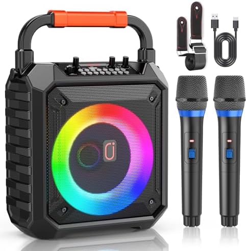 Karaoke Machine for Adults & Kids, Portable Bluetooth Karaoke Speaker with 2 Microphones & DJ Lights for Home Party Gathering, Karaoke Microphone Wireless PA System Supports USB/AUX-in/REC