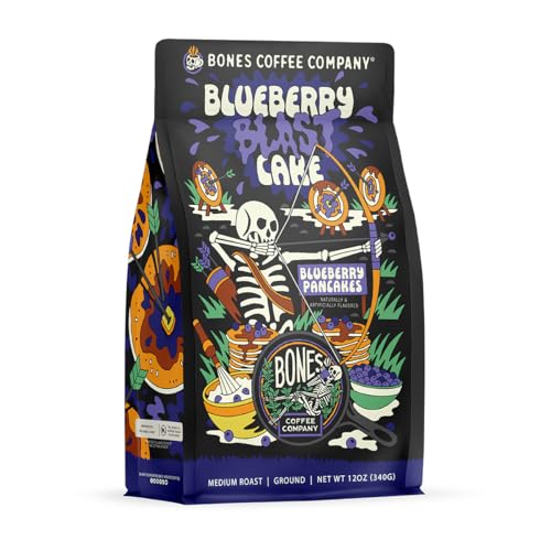 Bones Coffee Company Blueberry Blast Cake Flavored Coffee Beans, Medium Roast Ground Coffee Low Acid, Blueberry Pancakes Flavor (12 oz)