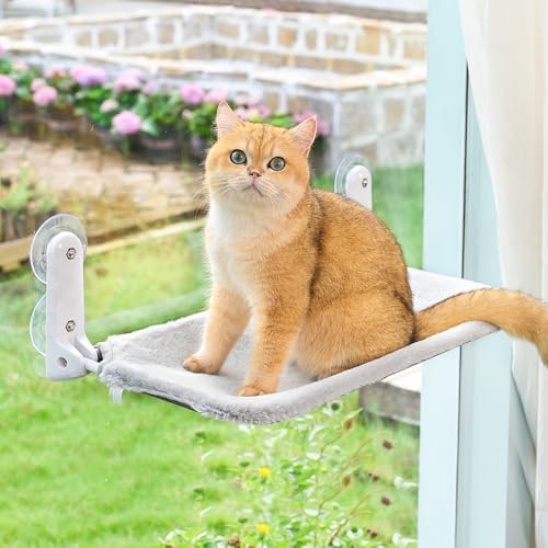 Cordless & Foldable Cat Window Perch with Metal Frame and Reversible Washable Cover Pet Hammock Bed, 4 Large Suction Cups Window Resting Seat for Indoor Cats Kittens (Cat Bed - Grey)