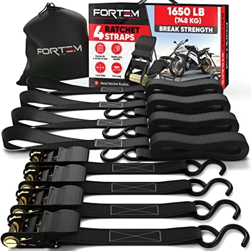 FORTEM Ratchet Straps, 1650lb Break Strength, 4 Pack 15ft x 1in Tie Down Strap Set, 4 Soft Loops, Motorcycle Straps Tie Downs, Cargo Cam Buckles for Trucks, Rubber Handles, Carry Bag