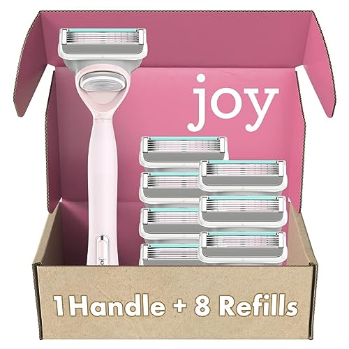 joy Razors for Women, 1 Handle, 8 Razor Blade Refills, Pink, Lubrastrip to Help Avoid Skin Irritation