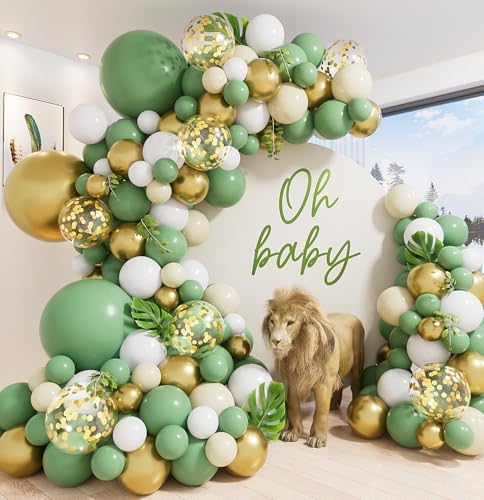 Sage Green Balloon Garland Arch Kit,136Pcs Baby Shower Balloons Green and White Balloons Metallic Gold Confetti Balloons Latex Balloons for Birthday Baby Shower Jungle Safari Wild One Party Decoration
