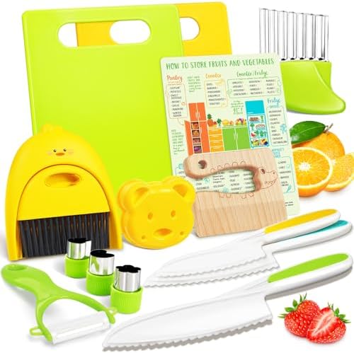 Suhctuptx Kids Knife Set For Real Cooking, Kids Kitchen Knives with Cutting Board Crinkle Cutters Food Conversion Chart & Cleaning Tools, Christmas Birthday Gifts Toddler Toys for Girls Boy Age 2-10