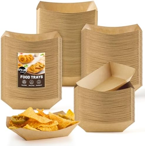 1/4 Lb Mini Paper Food Trays, 200 Pack Disposable Small Food Boats Bulk Brown Kraft Paper Serving Baskets for Individual Party Nachos Snacks Fries and Pet Food
