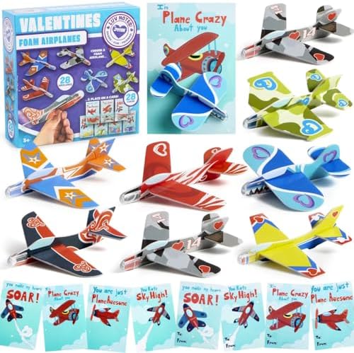 JOYIN 28 Pack Valentines Day Gifts Cards, Valentine's Greeting Cards for Kids with Foam Airplanes Classroom Exchange Party Favor Toy