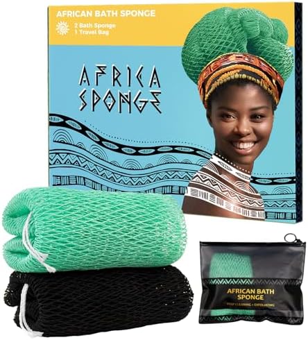 African Net Sponge Authentic - 2 Pieces Real African Loofah Shower Sponges - Body Scrubber Exfoliating Washcloth Black & Seawave - Africa Bath Sponges for Back Scrubber Shower Accessories