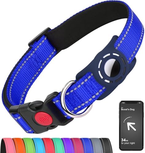 Airtag Dog Collar with AirTag Holder for Medium Dogs, Reflective, Soft Padded & Safety Locking Buckle, Nylon Pet Collars Adjustable for All Breeds, NavyBlue,M