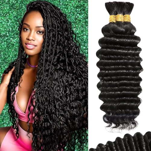 Human Braiding Hair For Boho Braids Deep Water Wave Bulk Human Hair for Braiding 12A Wet and Wavy Curly 100% Human Hair Extensions 3 Bundles 120g Natural Color 18inch