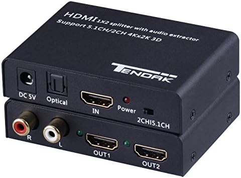 Tendak 1X2 HDMI Splitter 4K@30Hz with Audio Extractor, HDMI to Optical and R/L Audio Output, Compatible with PS5/4/3 Blu-Ray Player Fire Stick HD TV Projector
