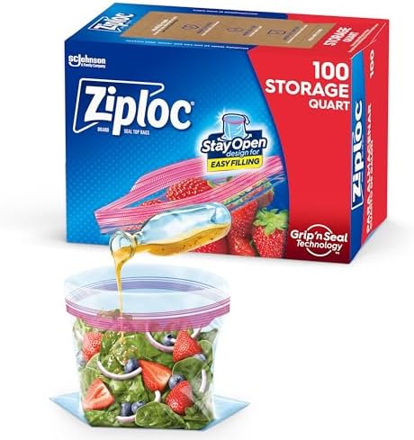 Ziploc Quart Food Storage Bags, Stay Open Design with Stand-Up Bottom, Easy to Fill, 100 Count