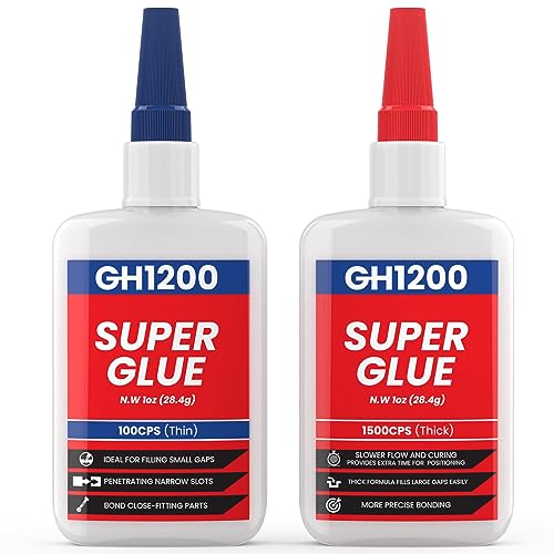 GH1200 57 Grams (2 oz) 100/1500 CPS (Thin/Thick) Super Glue All Purpose with Anti Clog Cap. Ca Glue - Adhesive SuperGlue. Cyanoacrylate Glue for Hard Plastics, DIY Craft, Metal 1 Oz Each