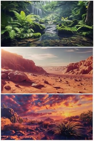 3 Pack Terrarium Background, 48x24 inches Polyester Reptile Background, Cloth Terrarium Background, Gobi Sunshine Cactus Stone & Green Tree Fern Stream Terrarium Background
