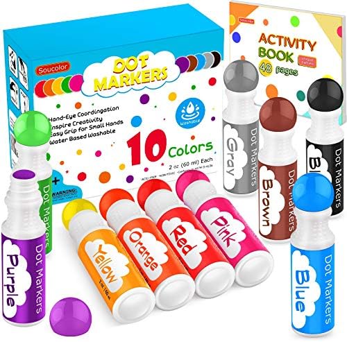 Easter Basket Stuffers, Soucolor Washable Dot Markers Easter Gifts for Toddlers Kids Preschool, 10 Colors 2 oz Bingo Daubers Paint Markers Set with 48 Pages Tearable Activity Book for Toddler Art Kits