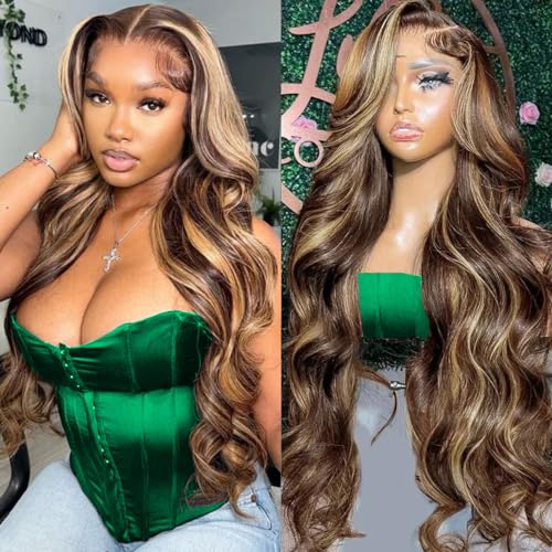 24 Inch Highlight Honey Blonde Lace Front Wig 13×6 Ombre P4/27 Highlight colored Lace Front Wigs Human Hair Pre Plucked Bleached Knots 180% Density