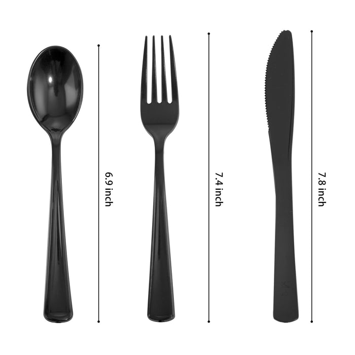 WDF 180 Pieces Black Silverware Cutlery Disposable Plastic - Plastic Flatware Set 60 Forks, 60 Knives and 60 Spoons - Heavy Duty Black Plastic Cutlery - Black Utensils for Party, Wedding,Birthday