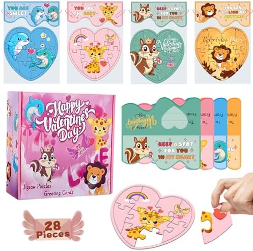 28 Pack Valentines Day Cards for Kids School, Heart Jigsaw Puzzle Set Toddler Valentine' s Day Gifts - Classroom Exchange Prizes Valentine Party Favor Supplies Toys for Boys Girls ages 3-12