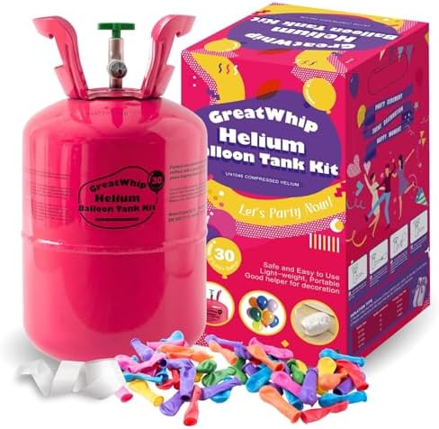 GreatWhip 7L Helium Tank for Balloons At Home Helium Balloon Pump Kit 30 Assorted Latex Balloons and Curling Ribbon Included