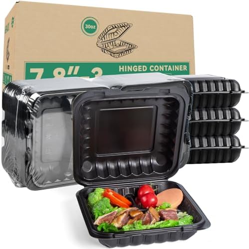 Meal Prep Containers, Reusable 65 Pack Clamshell Food Containers 7.8 Inch Black MFPP 3 Compartment To Go Containers