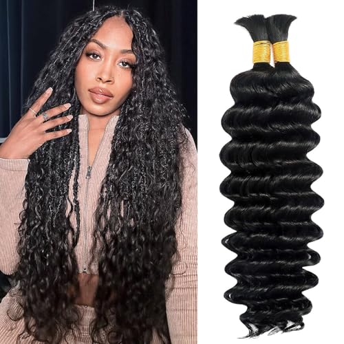 Human Braiding Hair for Boho Braids 22 Inch 110g 2 Bundles/Pack Deep Wave Boho Hair for Braiding 12A Curly Brazilian Virgin Hair Extensions No Weft Knotless Bulk Braids