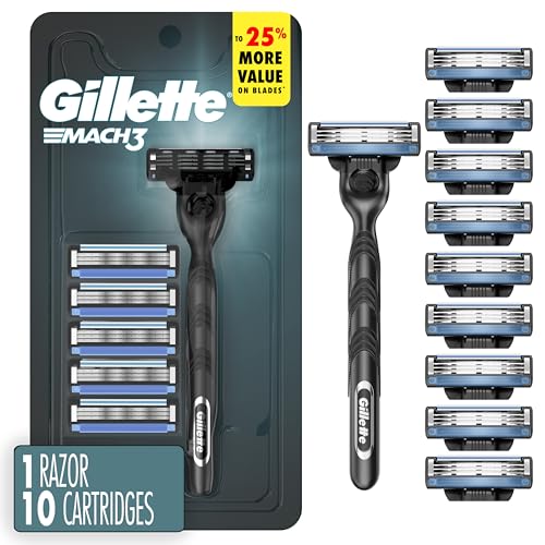 Gillette Mach3 Shaving Razor for Men, 1 Gillette 3-Blade Razor Handle for Men’s Grooming, 10 Razor Blade Refills, Razor Blades with Lubrication Strip