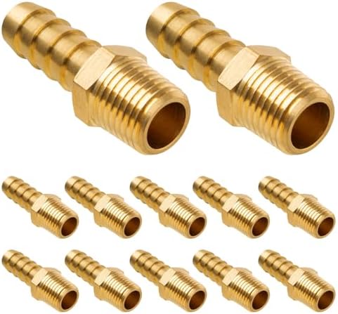 3/8" Barb x 1/4" NPT Male Pipe, Brass Hose Barb Fitting for Air, Gas, Fuel, Oil (12 Pack)