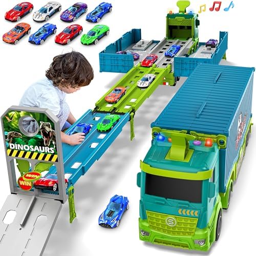 Carrier Truck Race Track Toddler Toys, Foldable 3 Layer Car Race Track Playset, Dinosaur Toy Truck Transport Car Carrier & 8 Race Cars, Truck Car Kids Toy Gifts for Age 3 4 5 6+ Year Old Boys Girls