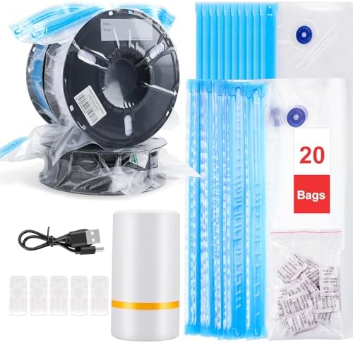 20 PCS Filament Storage Bags with Electric Auto Pump Kit-Includes 20 Filament Vacuum Storage Bags, 20 Desiccants, 5 sealed clips, for 3D Printer Filament Storage and Keep Filament Dry (13.4x11.8 inch)