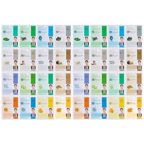 DERMAL 32 Combo Pack Collagen Essence Korean Face Mask - Hydrating & Soothing Facial Mask with Panthenol - Hypoallergenic Self Care Sheet Mask for All Skin Types - Natural Home Spa Treatment Masks