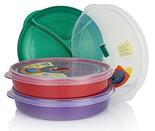 CHEF'S CHOICE Microwave Food Storage Tray Containers - 3 Section / Compartment Divided Plates w/ Vented Lid (Set of 3)