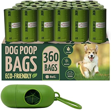 Reli. Biodegradable Dog Poop Bags w/Holder (360 Count - 24 Rolls) | 9x13" Large Dog Bags for Poop w/Dispenser | Green Eco-Friendly | Oxobiodegradable Pet Waste Disposal Refills (Unscented)