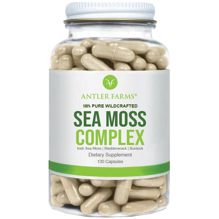 Antler Farms – 100% Pure Sea Moss Complex, 130 Capsules, Organic & Wildcrafted Irish Sea Moss, Bladderwrack, Burdock Root – Vegan, Gluten, Soy and Dairy Free