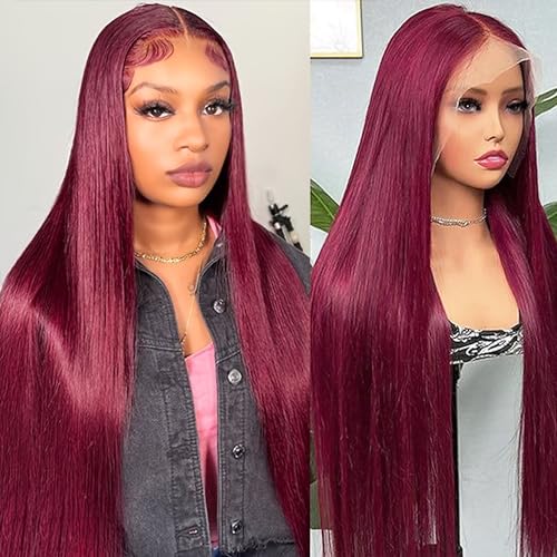 NVL 99J Burgundy Lace Front Wig Human Hair 13x4 Glueless Wigs Human Hair Pre Plucked with Baby Hair 200 Density HD Colored Wigs for Women (28 Inch, 99J)