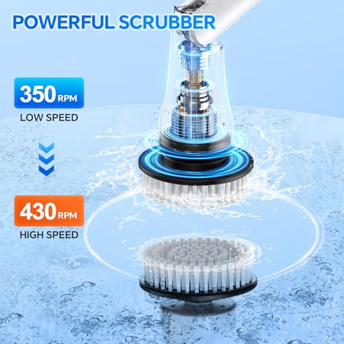 Electric Spin Scrubber, Shower Scrubber with Long Handle, IPX7 Waterproof Bathroom Cleaner Brush, Cordless Electric Cleaning Brush with 7 Replaceable Brush Heads, 2 Speeds Scrubber for Floor Tile Tub