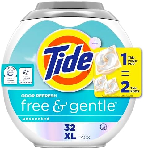 Tide PODS Free and Gentle Odor Refresh Laundry Detergent Pacs, 32 Count, Hypoallergenic Laundry Detergent Pacs