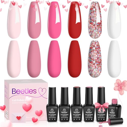 Beetles Pink Gel Nail Polish Set -6 Colors Pink Gel Polish Nail Kit Red Nude Pink White Glitter Color Gel Fall in Love Collection Soak Off Uv LED Nail Lamp Valentines Day Gifts for Women