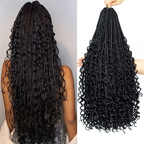 Liang Dian 8 Packs Box Braids Crochet Hair with Curly Ends 24 Inch Boho Crochet Hair Box Braids Goddess Braids Pre looped Crochet Hair for Black Women (24 Inch 1B)