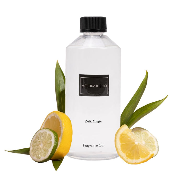 Aroma360-24K Magic Fragrance Oil Blend - 500ML | Hotel Inspired Luxury Essential Oil Diffuser | Aromatherapy Scent Diffuser Oil | Citrus Beginning of Bergamot, Lemongrass with Notes of Jasmine