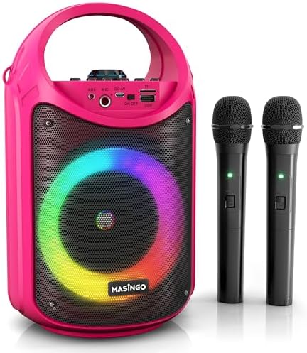MASINGO Karaoke Machine for Kids and Adults with 2 Wireless Bluetooth Microphones, PA Portable Speaker with Colorful LED Lights, Supports TF Card/USB, AUX/MIC in, TWS for Home Party, Burletta C10 V2