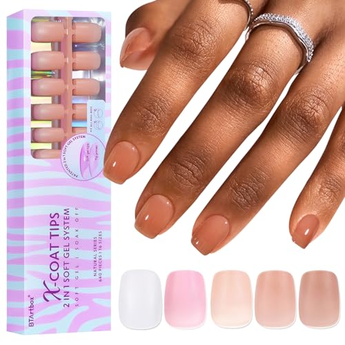 BTArtbox Extra Short Nail Tips Square - 600 Pcs Gel Press On Nails Natural XCOATTIPS Pre-applied Tip Primer Cover, Pre-colored Gel Tips Fake Nails for Easy DIY Nail Art 15 Sizes