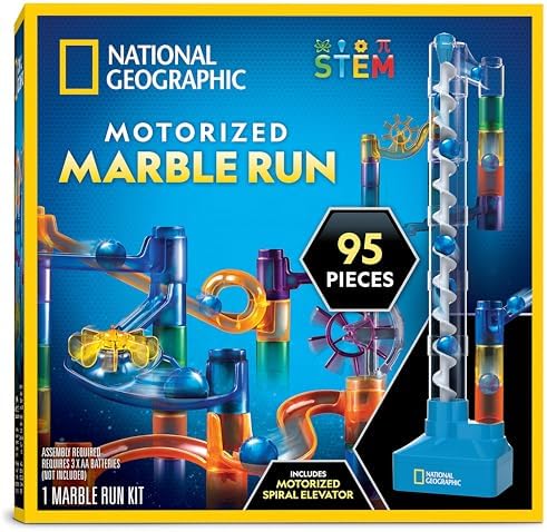 National Geographic Marble Run with Motorized Elevator - 95-Piece Marble Maze Kit with Motorized Spiral Lift, 20 Marbles, Perpetual Motion Machine, STEM Gifts for Boys and Girls, Kids Physics Toys