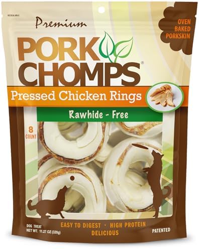 Pork Chomps Pressed Pork Skin Dog Chews, 2.5-inch Rings, Real Chicken, 8 Count