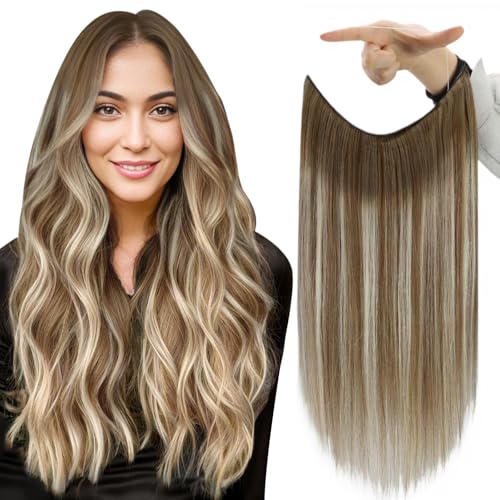 Fshine Invisible Wire Hair Extensions Real Human Hair Brown Ombre Fishing Line Hair Extensions #6/60/6 Platinum Blonde One Piece Hair Extensions Clip In Balayage Human Hair Extensions 12 inch 70g