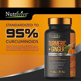 Nutrivive™ Turmeric Curcumin with Ginger 1500mg, 95% Curcuminoids & Black Pepper Extract for Ultra High Absorption & Potency, Turmeric Ginger Supplements, 120 Capsules