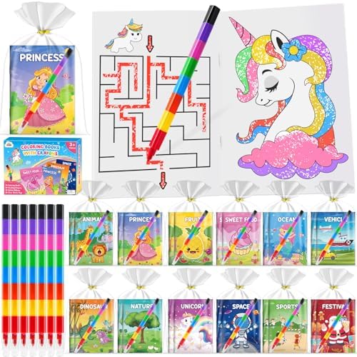 ZMLM 24 Coloring Books for Kids Party Favors Bulk with 24 Stacking Crayons, Mini Coloring Books for Ages 4-8 Small Valentines Day Easter Basket Goodie Bag Stuffers for Toddlers Crafts Classroom