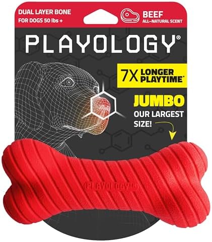 Playology Dual Layer Bone | Engaging All Natural Beef Scented Dog Toy, Jumbo Size | Red Bone for Large to X-Large Dogs 50lbs & up | Interactive & Durable for Tough Chewers