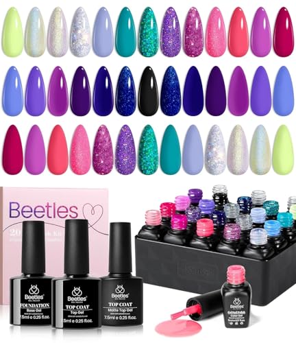 Beetles 20 Colors Gel Nail Polish Kit Midnight Euphoria Collection 23 Pcs Purple Blue Hot Pink Glitter Gel Polish Set Rainbow Soak off Uv Glossy & Matte Top Base Coat Valentine's Day Gift for Women