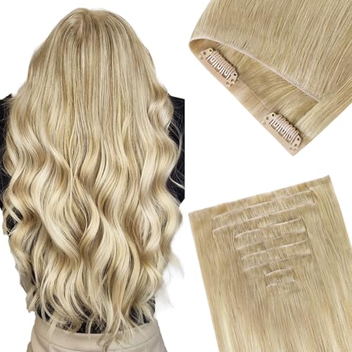 GOO GOO Invisi Edge Clip in Hair Extensions, 18inch 130g 7Pcs, Injected Seamless PU Clip in Hair Extensions, Virgin Real Human Hair, #18ET90A Natural Blonde Balayage