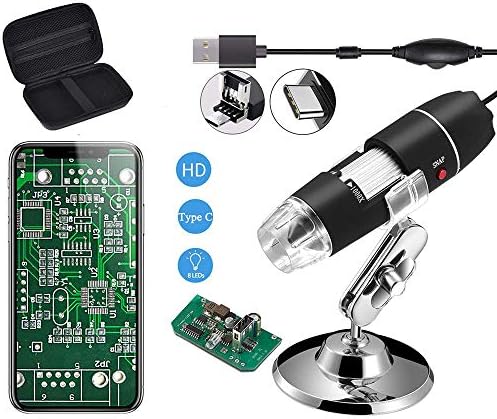 Original 40-1000X USB Microscope with Portable Carrying Case, Digital Magnification Endoscope Camera 8 LEDs Metal Base for Micro USB USB-C Android, Windows Mac Linux Chrome