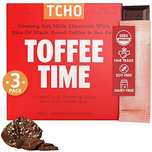 TCHO Toffee Time 53% Oat Milk Chocolate Bars (3 pack) | Plant Based, Organic & Fair Trade, | Non GMO, Non-Dairy, Vegan, Soy Free (2.5oz each)